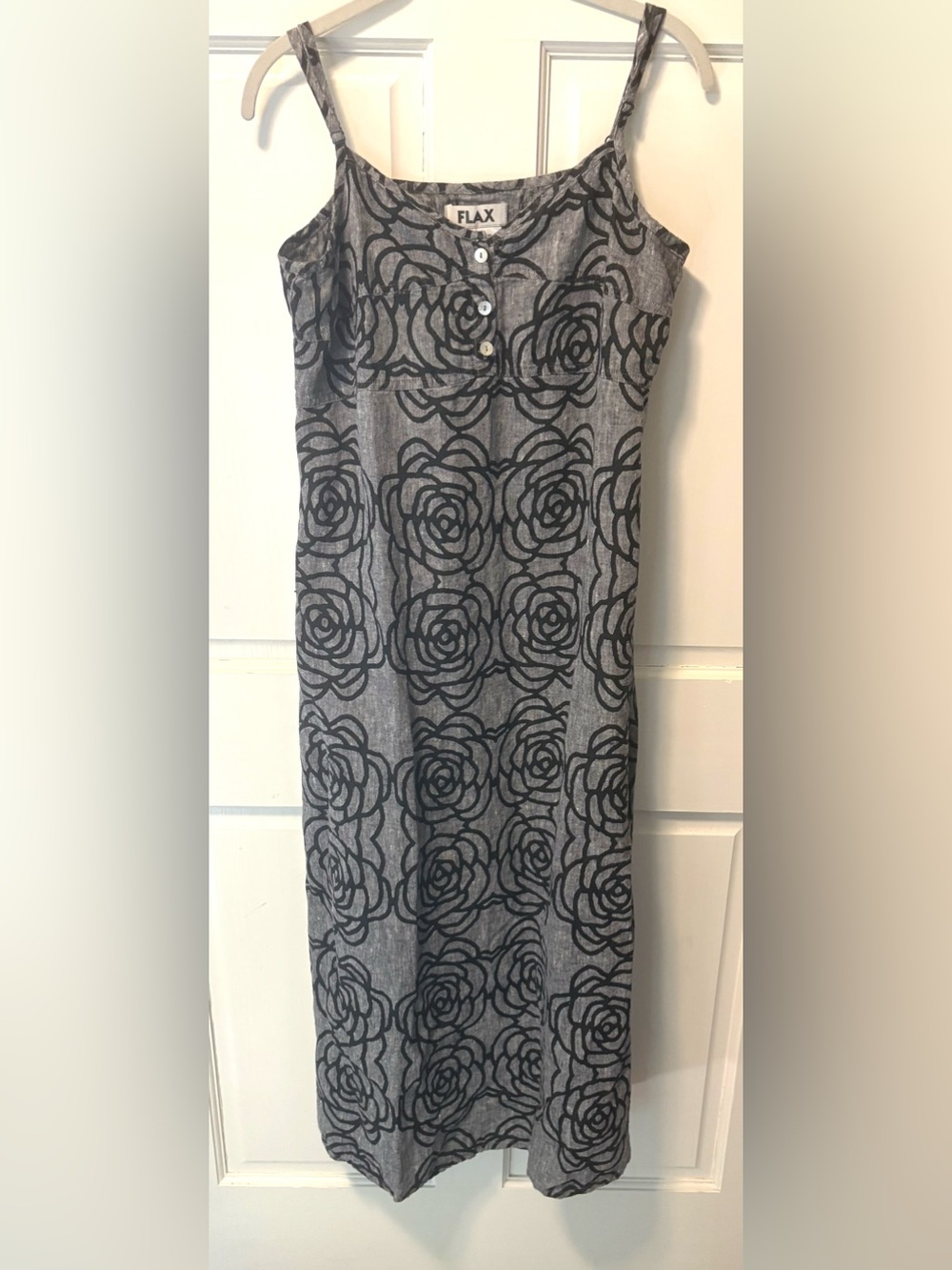 Flax 100% linen gray black roses floral midi sundress lagenlook dress s small